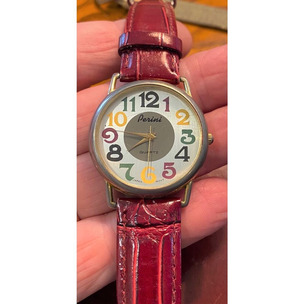 Women's 35mm Gold Tone Perini Watch, Multicolor Dial, Red Leather Band